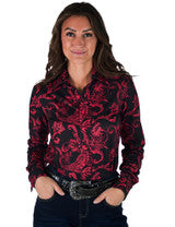 COWGIRL TUFF Pullover Button Up (Black With Red Paisley Lightweight Stretch Jersey)