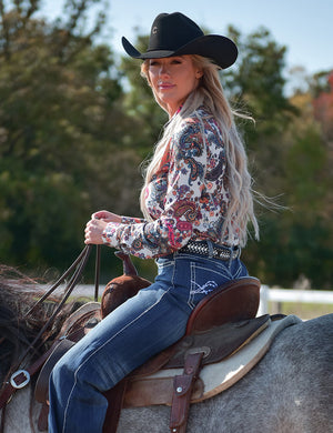 COWGIRL TUFF Pullover Button Up (White With Colorful Paisley Lightweight Stretch Jersey)