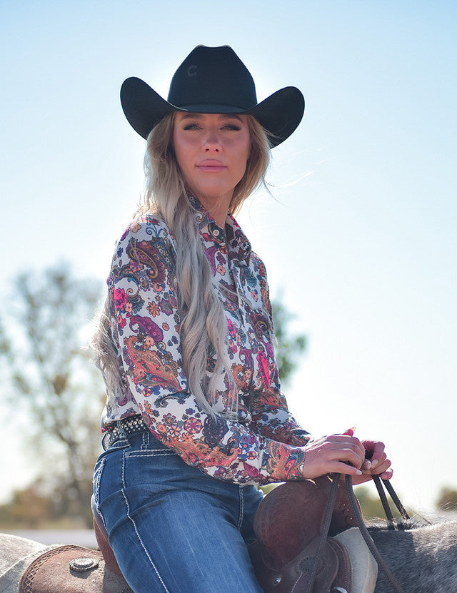 COWGIRL TUFF Pullover Button Up (White With Colorful Paisley Lightweight Stretch Jersey)