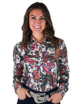 COWGIRL TUFF Pullover Button Up (White With Colorful Paisley Lightweight Stretch Jersey)