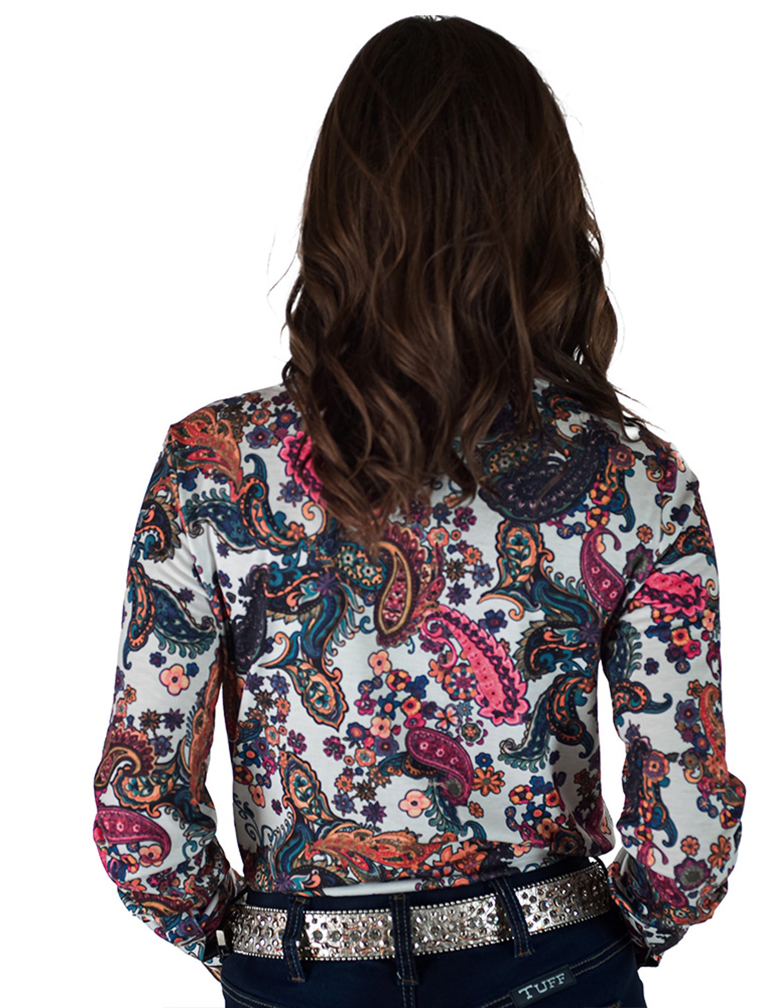 COWGIRL TUFF Pullover Button Up (White With Colorful Paisley Lightweight Stretch Jersey)