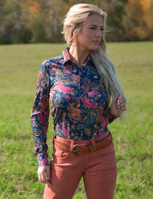 COWGIRL TUFF Pullover Button Up (Blue With Colorful Paisley Lightweight Stretch Jersey)