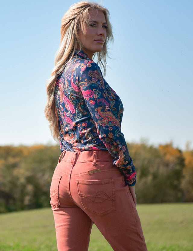 COWGIRL TUFF Pullover Button Up (Blue With Colorful Paisley Lightweight Stretch Jersey)