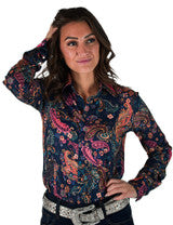 COWGIRL TUFF Pullover Button Up (Blue With Colorful Paisley Lightweight Stretch Jersey)