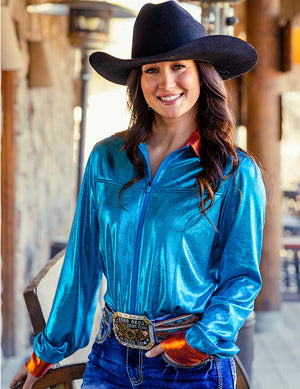 COWGIRL TUFF Full Zip (Turquoise Metallic With Rust Accent Lightweight Stretch Jersey)