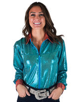 COWGIRL TUFF Full Zip (Turquoise Metallic With Rust Accent Lightweight Stretch Jersey)
