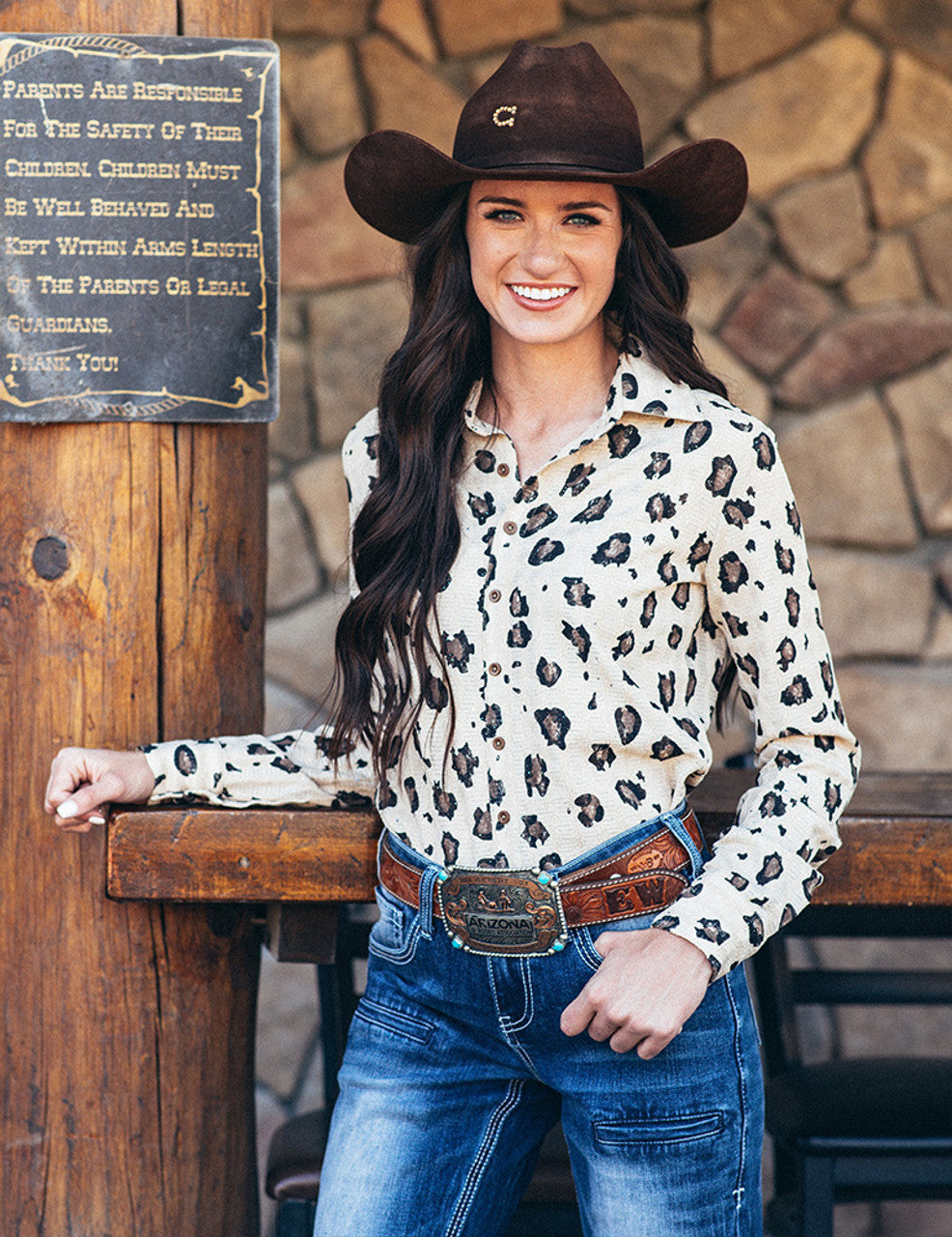COWGIRL TUFF Pullover Button Up (Tan Leopard Print With Silver Sparkle Lightweight Stretch)