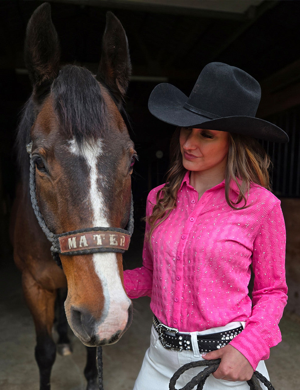 COWGIRL TUFF Pullover Button Up (Pink With Silver Crystals Lightweight Stretch
