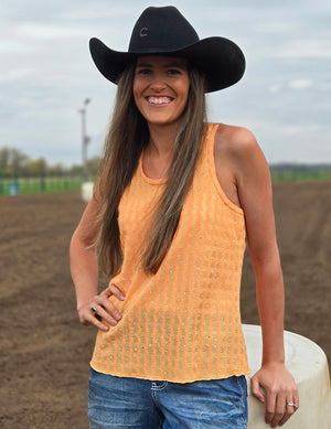 COWGIRL TUFF Flowy Tank Top (Orange With Silver Crystals Lightweight Stretch)