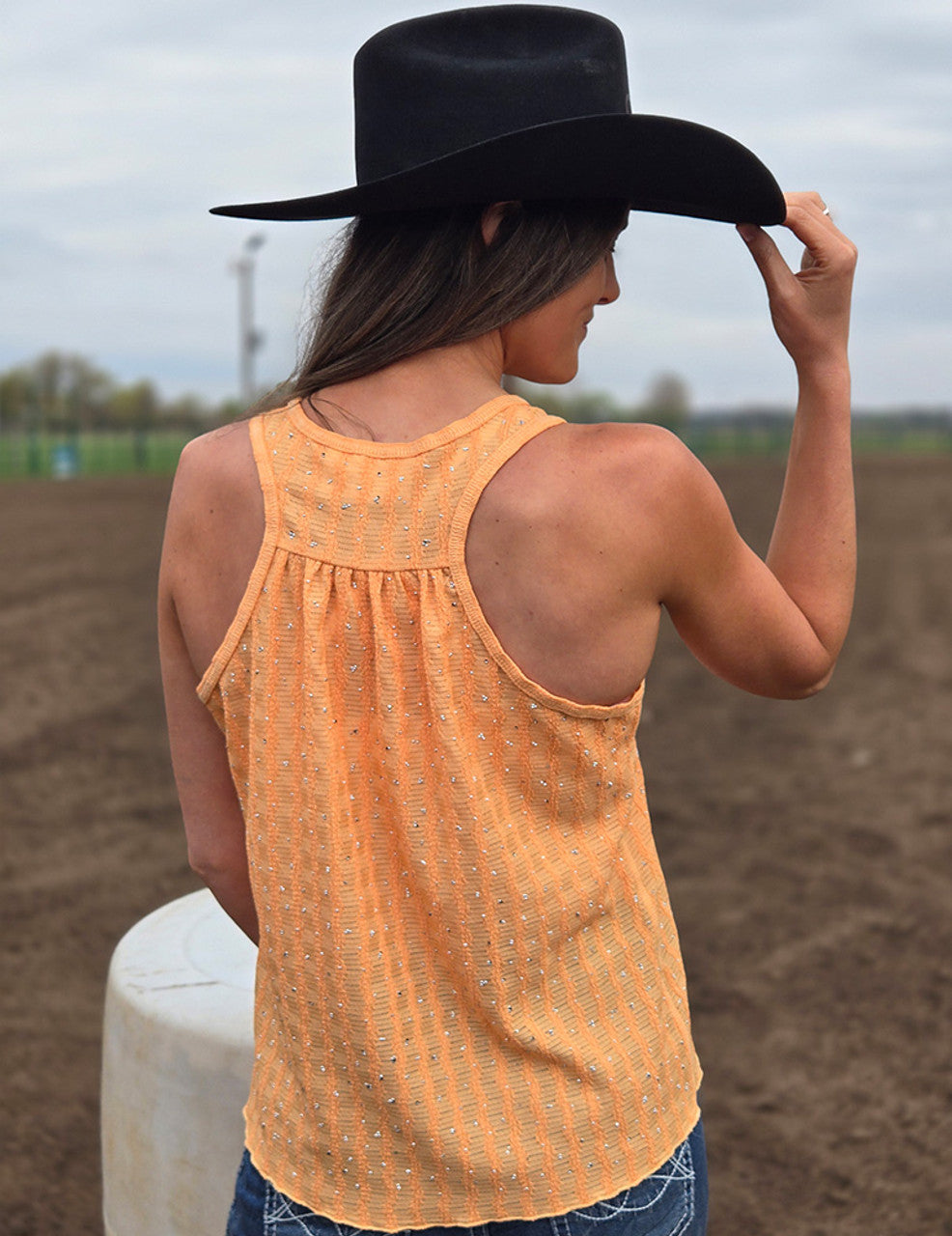 COWGIRL TUFF Flowy Tank Top (Orange With Silver Crystals Lightweight Stretch)