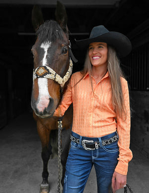 COWGIRL TUFF Pullover Button-Up (Orange With Silver Crystals Lightweight Stretch