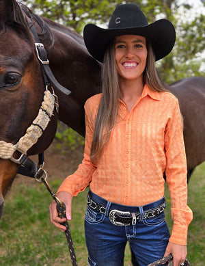 COWGIRL TUFF Pullover Button-Up (Orange With Silver Crystals Lightweight Stretch