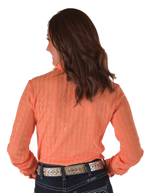 COWGIRL TUFF Pullover Button-Up (Orange With Silver Crystals Lightweight Stretch