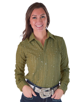 COWGIRL TUFF Pullover Button-Up (Green With Silver Crystals Lightweight Stretch