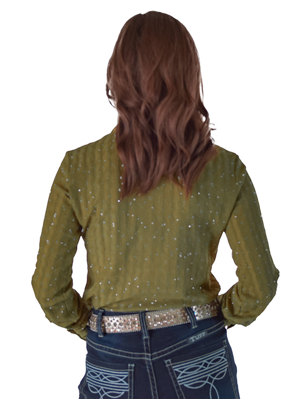 COWGIRL TUFF Pullover Button-Up (Green With Silver Crystals Lightweight Stretch