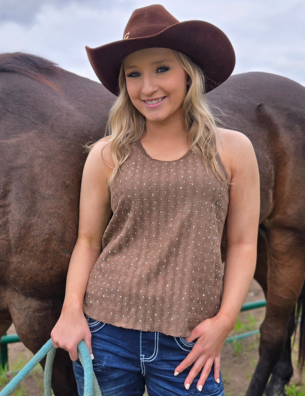 COWGIRL TUFF Flowy Tank Top (Brown With Silver Crystals Lightweight Stretch)