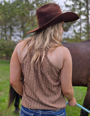 COWGIRL TUFF Flowy Tank Top (Brown With Silver Crystals Lightweight Stretch)