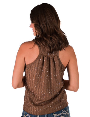 COWGIRL TUFF Flowy Tank Top (Brown With Silver Crystals Lightweight Stretch)