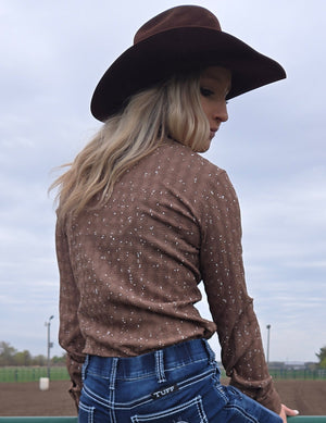 COWGIRL TUFF Pullover Button Up (Brown With Silver Crystals Lightweight Stretch