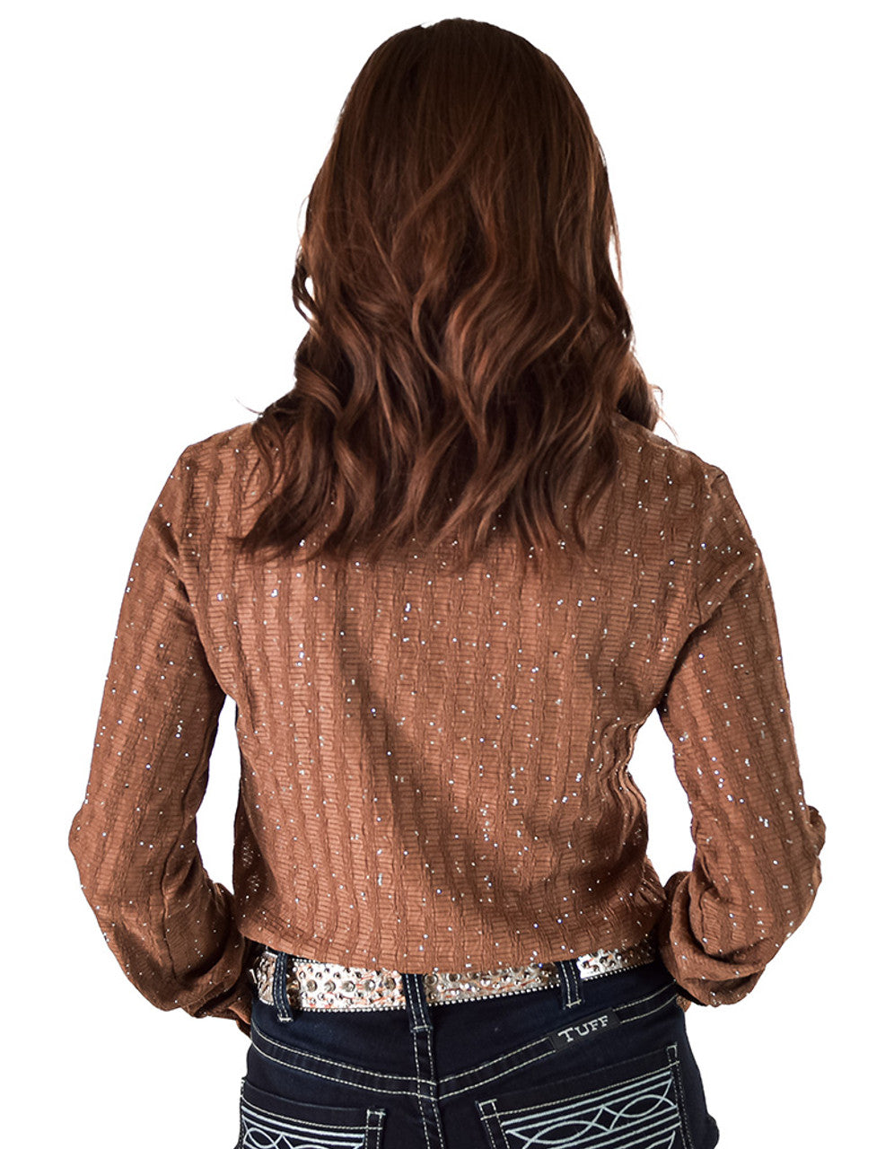 COWGIRL TUFF Pullover Button Up (Brown With Silver Crystals Lightweight Stretch
