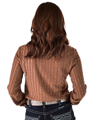 COWGIRL TUFF Pullover Button Up (Brown With Silver Crystals Lightweight Stretch