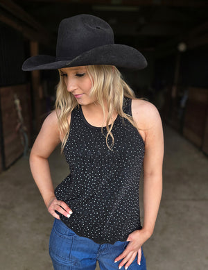 COWGIRL TUFF Flowy Tank Top (Black With Silver Crystals Lightweight Stretch)