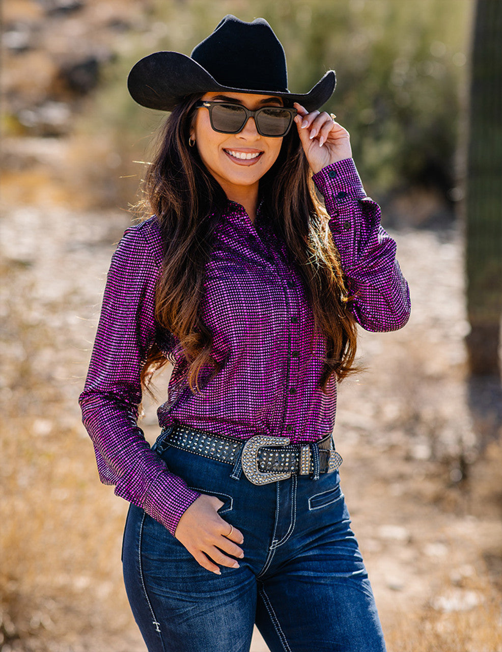 COWGIRL TUFF Pullover Button-Up (Black With Hot Pink Metallic Foil Lightweight Stretch)
