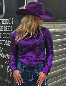 COWGIRL TUFF Pullover Button Up (Black With Purple Metallic Foil Lightweight Stretch)