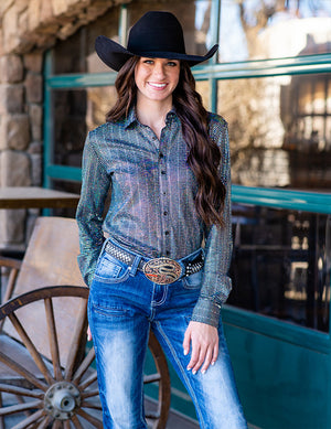COWGIRL TUFF Pullover Button Up (Black With Silver Holographic Metallic Foil Lightweight Stretch)