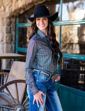 COWGIRL TUFF Pullover Button Up (Black With Silver Holographic Metallic Foil Lightweight Stretch)
