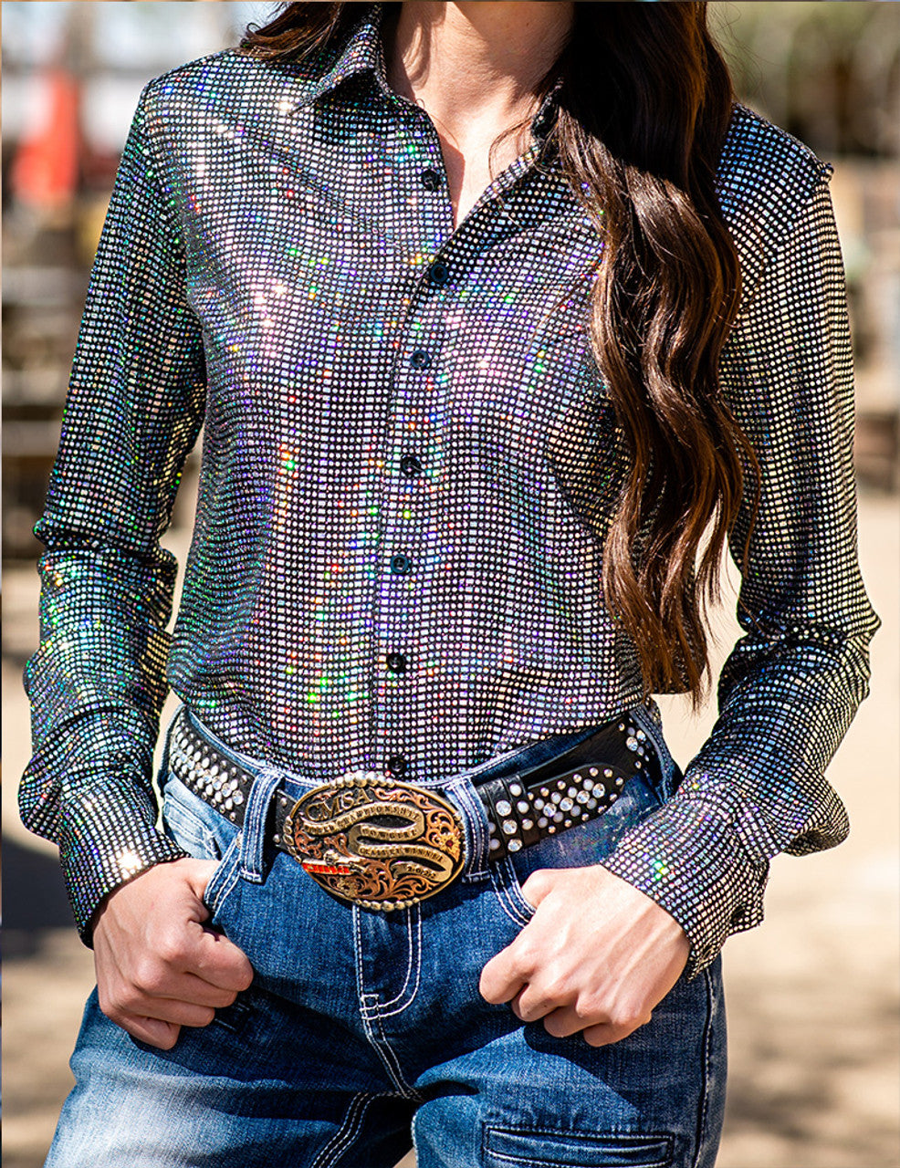 COWGIRL TUFF Pullover Button Up (Black With Silver Holographic Metallic Foil Lightweight Stretch)