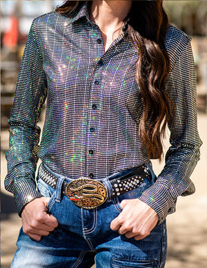 COWGIRL TUFF Pullover Button Up (Black With Silver Holographic Metallic Foil Lightweight Stretch)