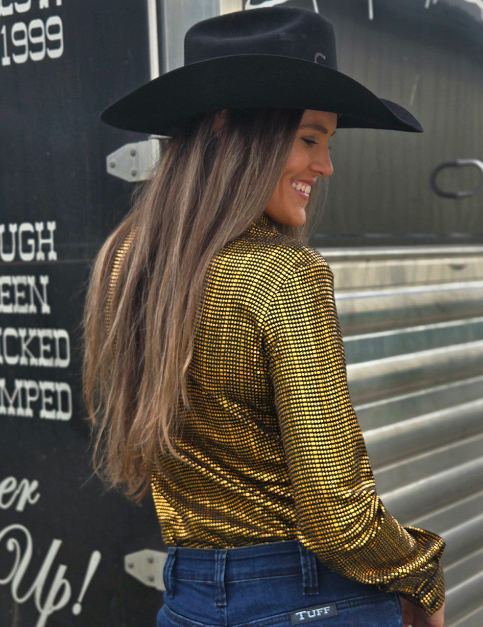 COWGIRL TUFF Pullover Button-Up (Black With Yellow Metallic Foil Lightweight Stretch)