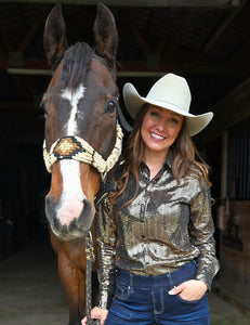 COWGIRL TUFF Pullover Button-Up (Black With Copper Metallic Foil Lightweight Stretch)