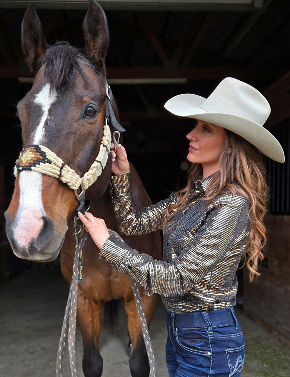 COWGIRL TUFF Pullover Button-Up (Black With Copper Metallic Foil Lightweight Stretch)