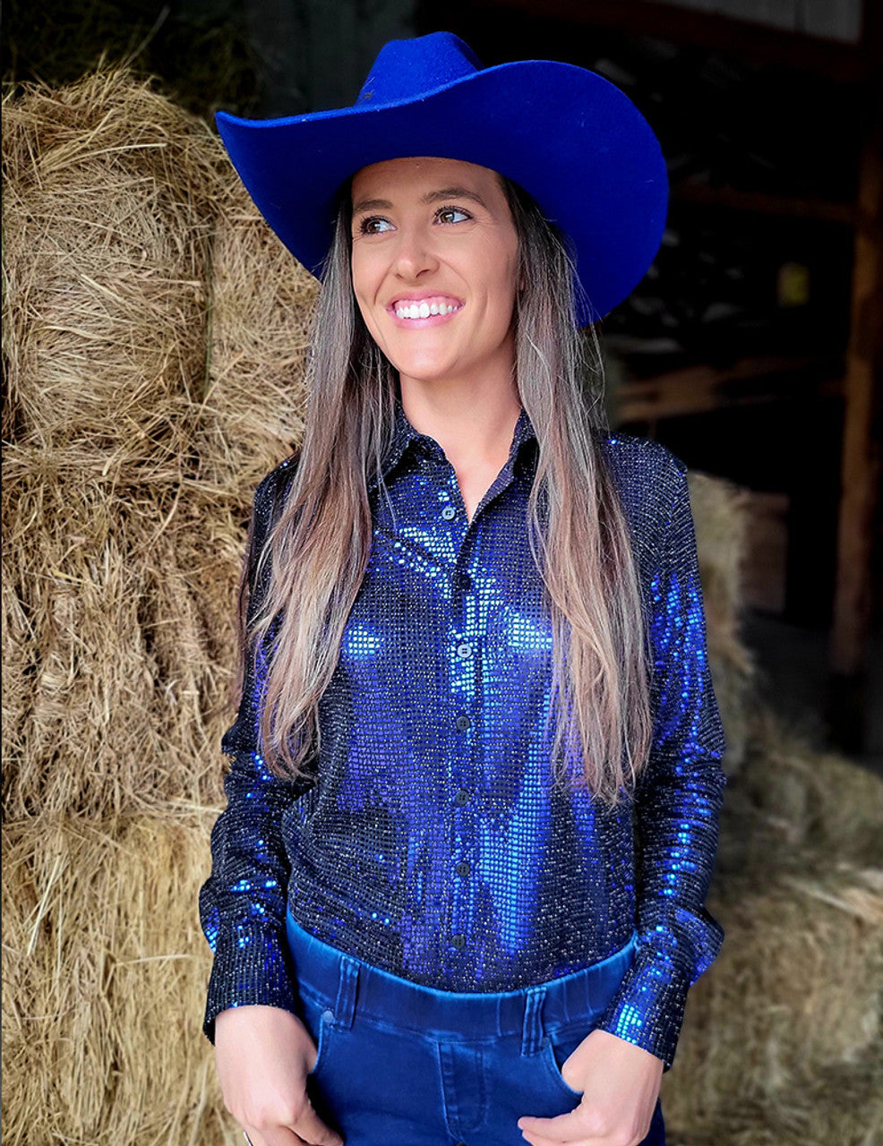 COWGIRL TUFF Pullover Button-Up (Black With Dark Blue Metallic Foil Lightweight Stretch)