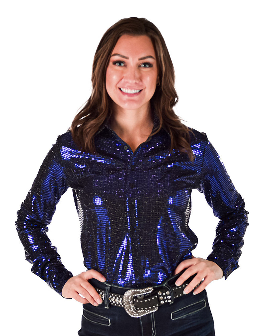 COWGIRL TUFF Pullover Button-Up (Black With Dark Blue Metallic Foil Lightweight Stretch)
