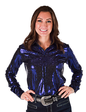 COWGIRL TUFF Pullover Button-Up (Black With Dark Blue Metallic Foil Lightweight Stretch)