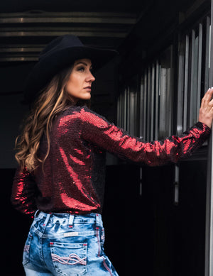 COWGIRL TUFF Pullover Button-Up (Black With Red Metallic Foil Lightweight Stretch)