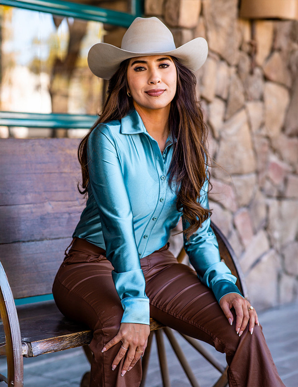 COWGIRL TUFF Pullover Button-Up (Morning Mist Light Turquoise Satin Lightweight Stretch)