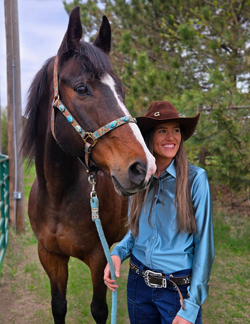 COWGIRL TUFF Pullover Button-Up (Morning Mist Light Turquoise Satin Lightweight Stretch)