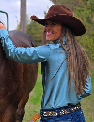 COWGIRL TUFF Pullover Button-Up (Morning Mist Light Turquoise Satin Lightweight Stretch)