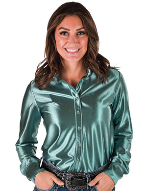 COWGIRL TUFF Pullover Button-Up (Morning Mist Light Turquoise Satin Lightweight Stretch)