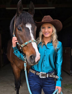 COWGIRL TUFF Pullover Button Up (Deep Turquoise Satin Lightweight Stretch)