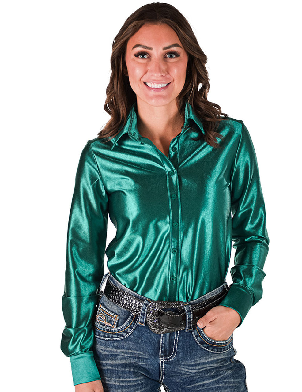 COWGIRL TUFF Pullover Button Up (Deep Turquoise Satin Lightweight Stretch)