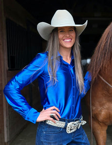 COWGIRL TUFF Pullover Button-Up (Sapphire Blue Satin Lightweight Stretch)