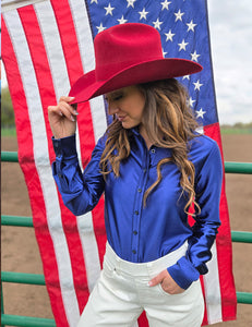 COWGIRL TUFF Pullover Button-Up (Indigo Blue Satin Lightweight Stretch)