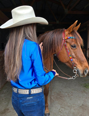COWGIRL TUFF Pullover Button-Up (Sapphire Blue Satin Lightweight Stretch)