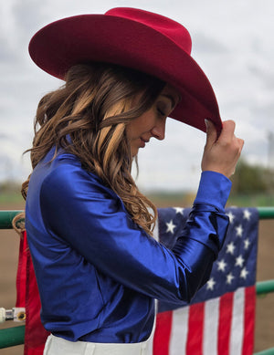 COWGIRL TUFF Pullover Button-Up (Indigo Blue Satin Lightweight Stretch)