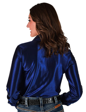 COWGIRL TUFF Pullover Button-Up (Indigo Blue Satin Lightweight Stretch)